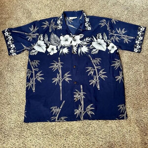Makani Hawaii Shirt Mens Large Tribal Blue Floral Microfiber Hawaiian Aloha Gray